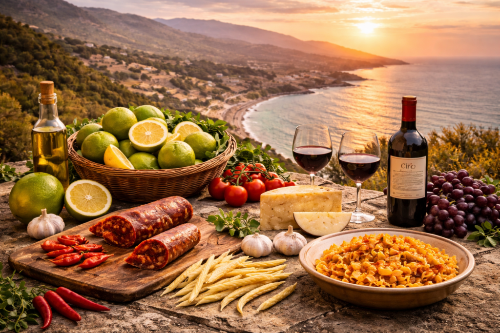 Traditional Calabrian village at golden hour with fileja pasta, 'nduja and bergamot — Calabria Food Fest