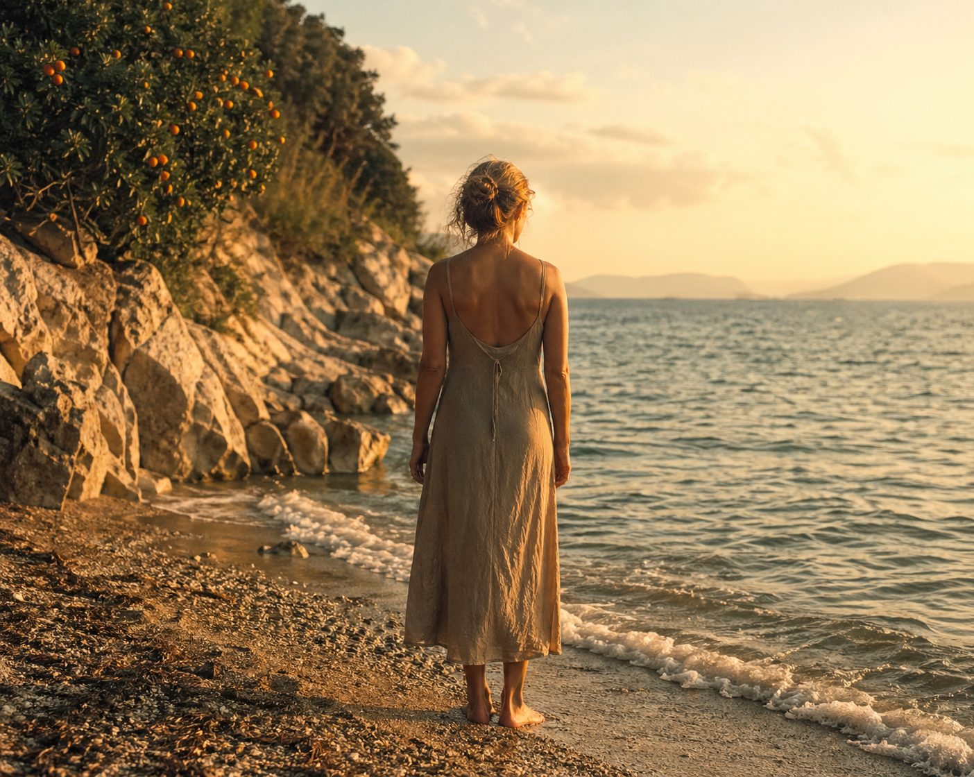 A woman stands barefoot at the edge of the Ionian Sea at golden hour, arms relaxed, facing the water — Calabria, southern Italy.